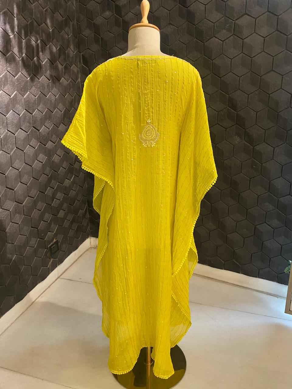 Lime Green striped mul chanderi chikankari Kaftan