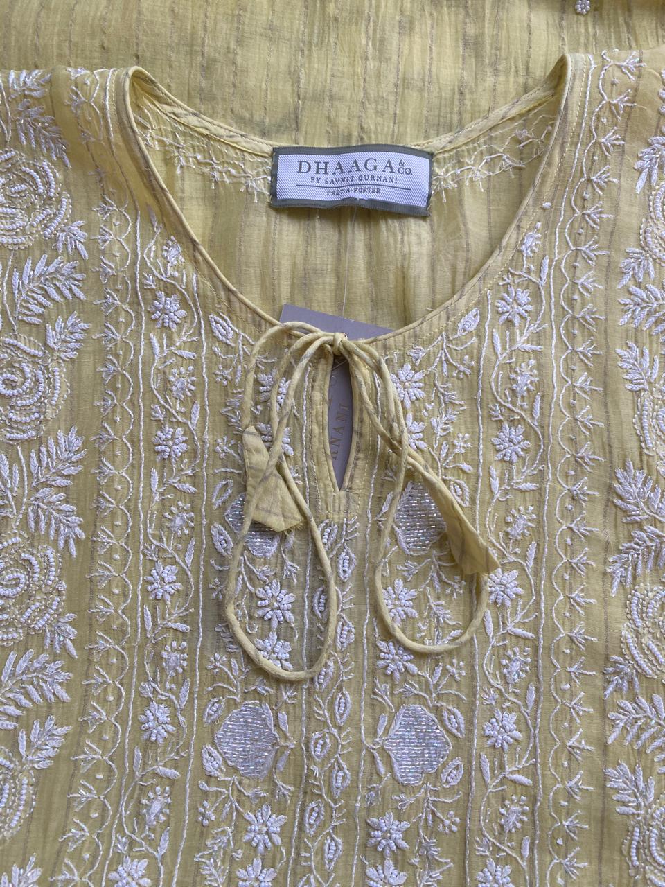 Yellow Mul Chanderi Chikankari Kaftan
