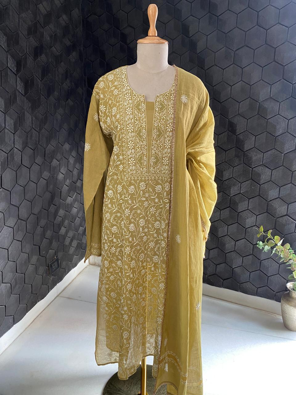 Olive Green Golden Tissue  Chikankari kurta set