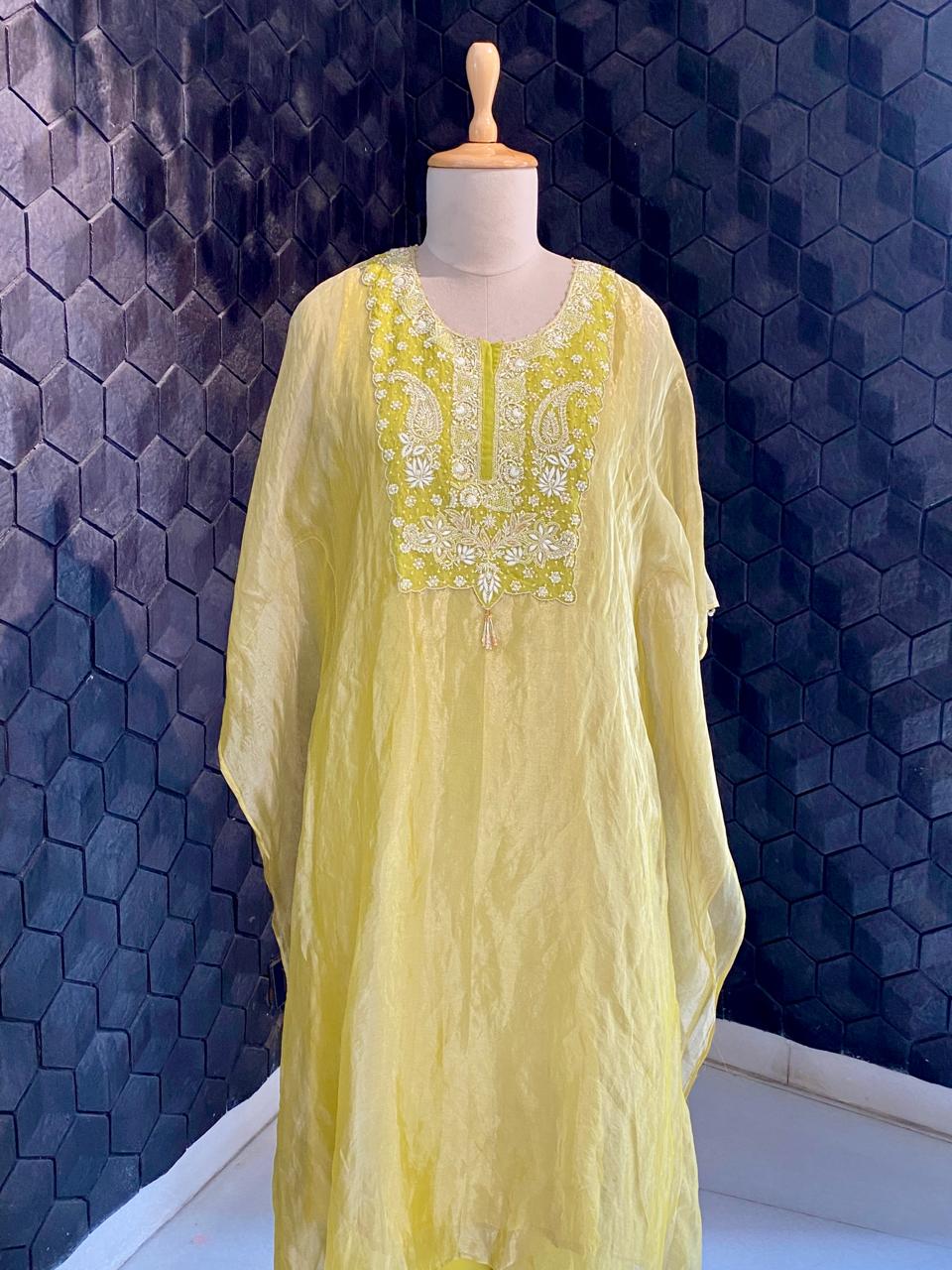Lime Tissue Embroidered Kaftan Set