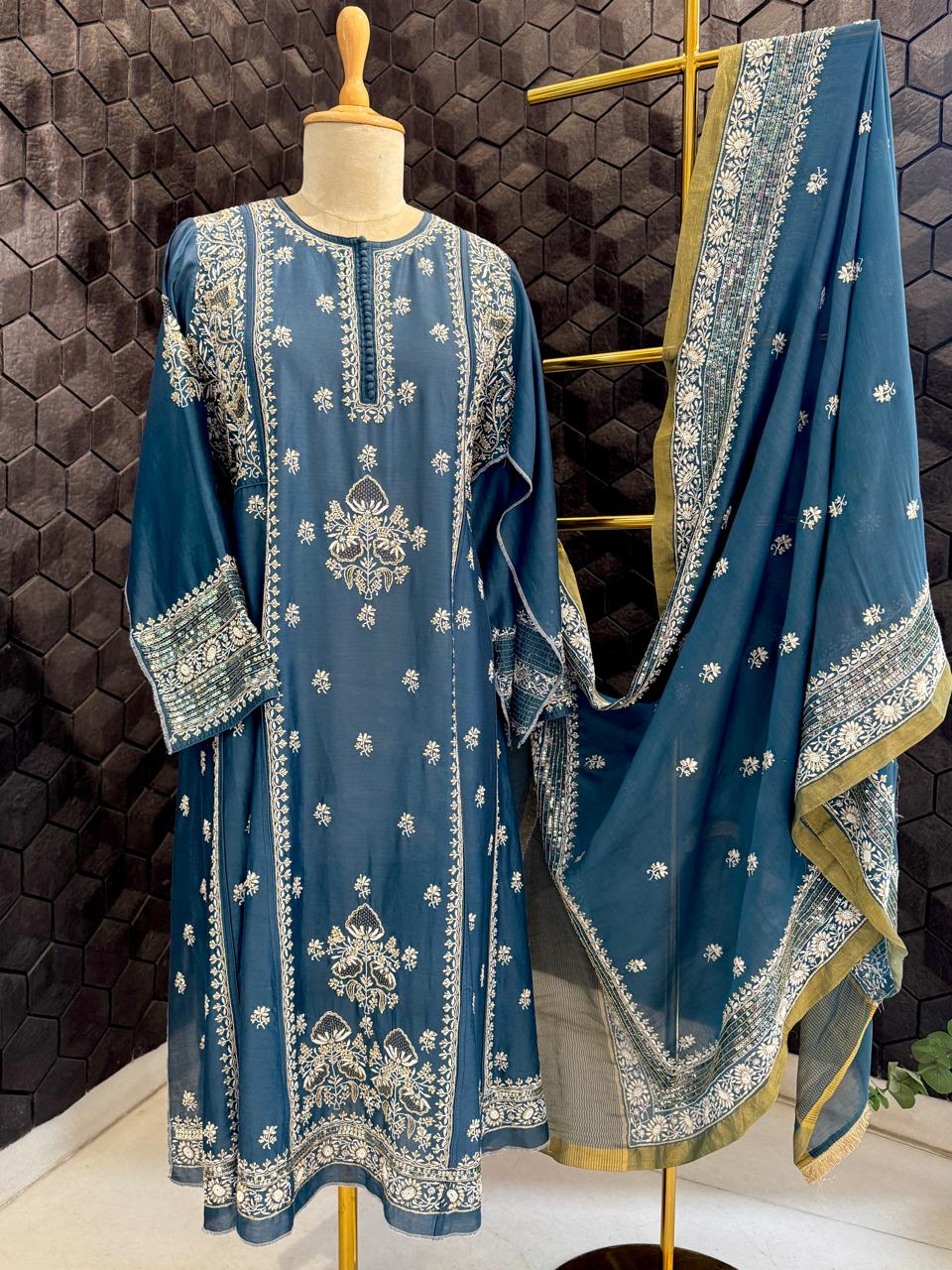 Teal Blue Chanderi Chikankari A-Line Kurta Set