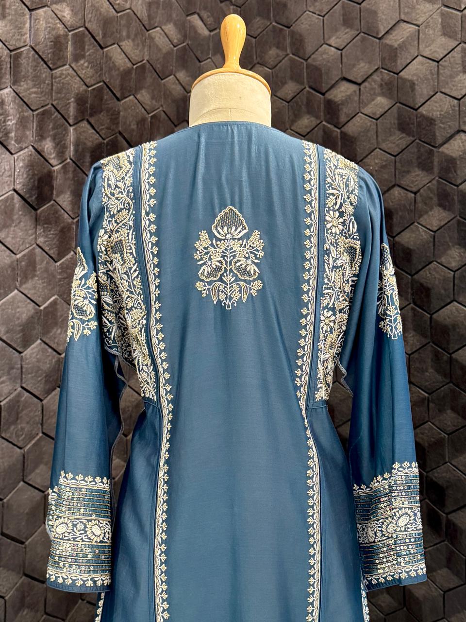 Teal Blue Chanderi Chikankari A-Line Kurta Set