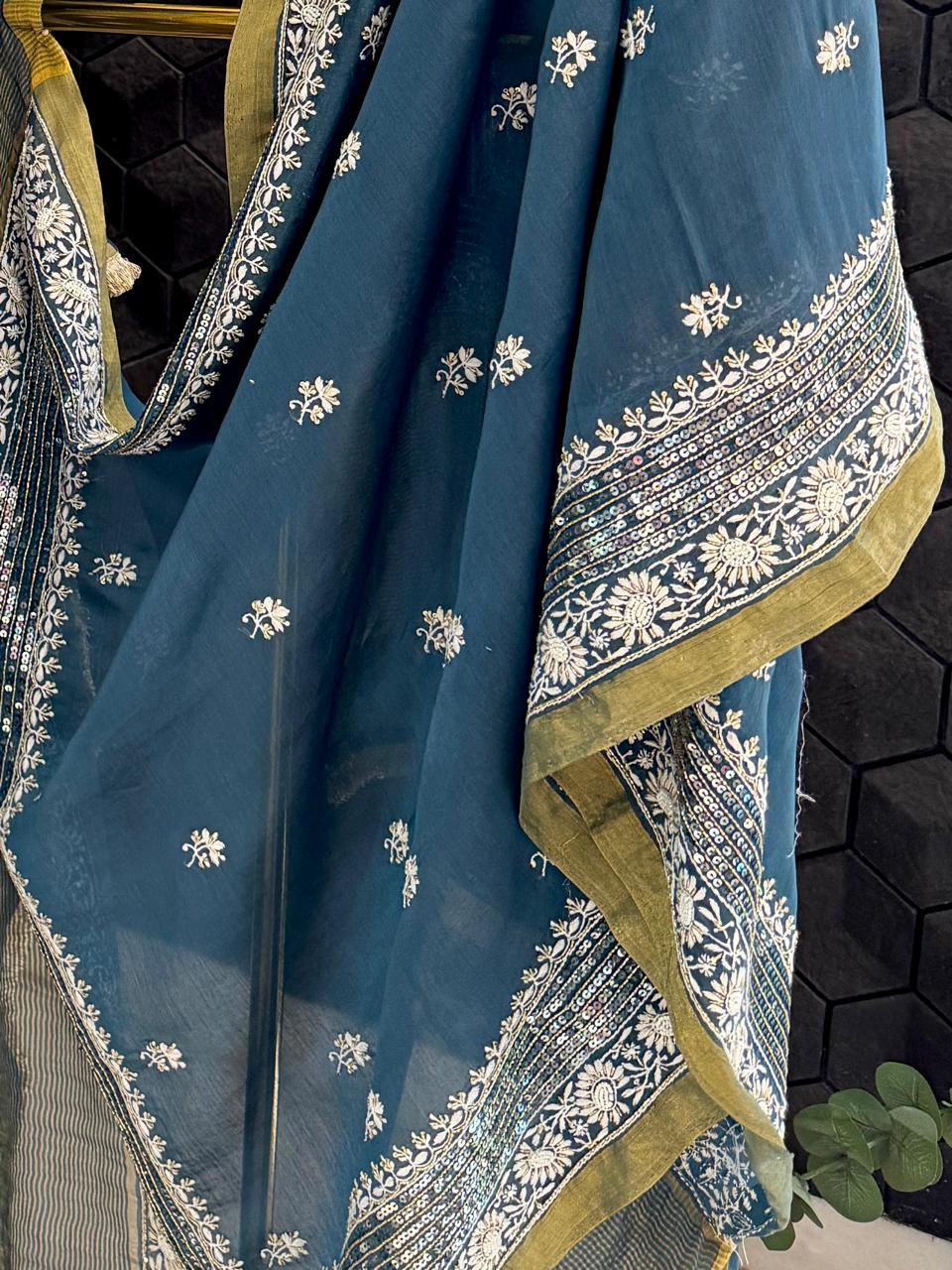 Teal Blue Chanderi Chikankari A-Line Kurta Set
