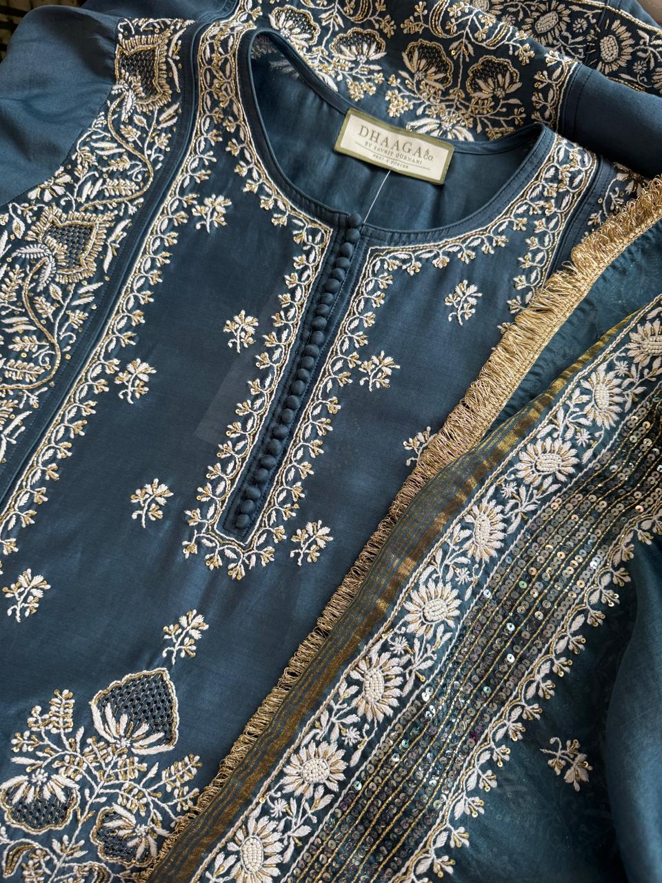 Teal Blue Chanderi Chikankari A-Line Kurta Set