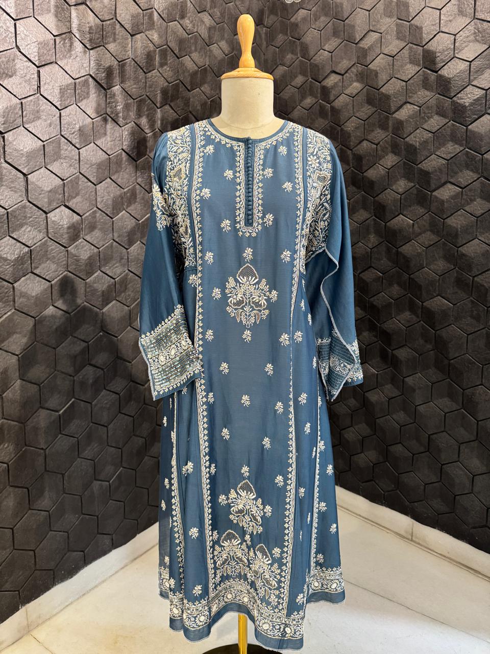 Teal Blue Chanderi Chikankari A-Line Kurta Set