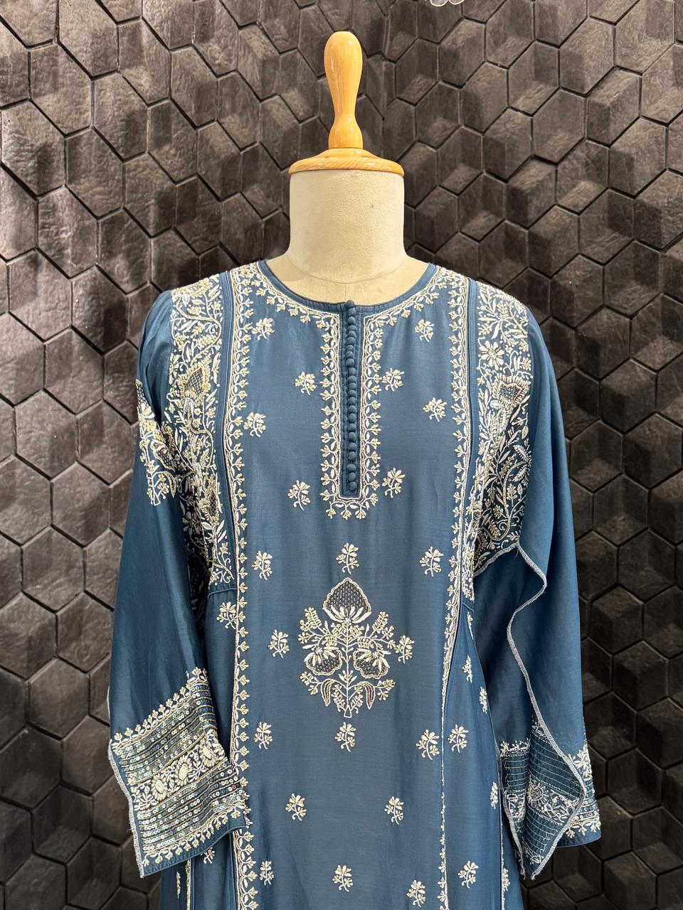 Teal Blue Chanderi Chikankari A-Line Kurta Set