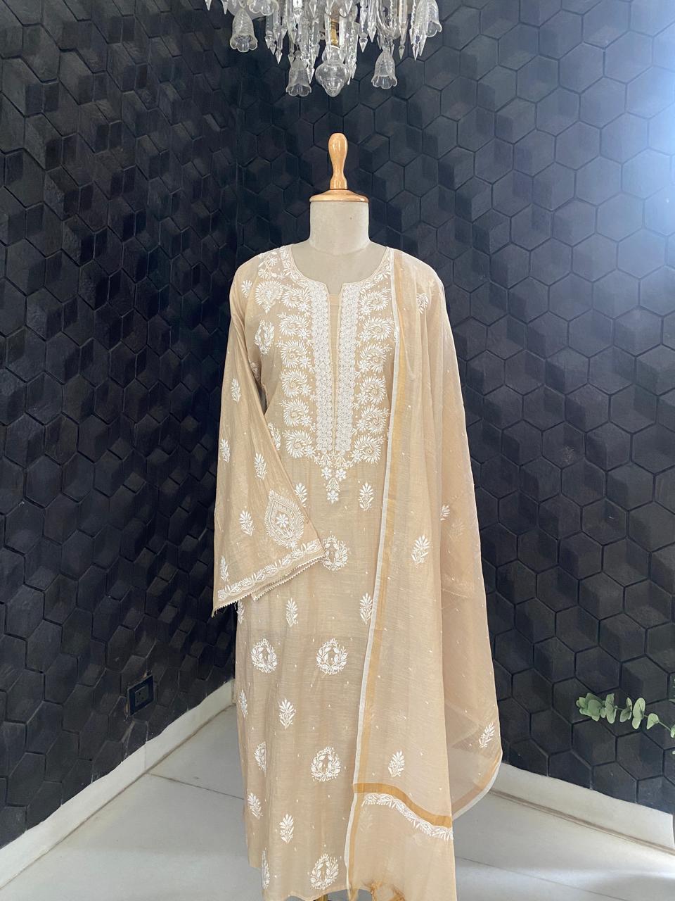 Beige Chikankari Mul Chanderi Kurta Set