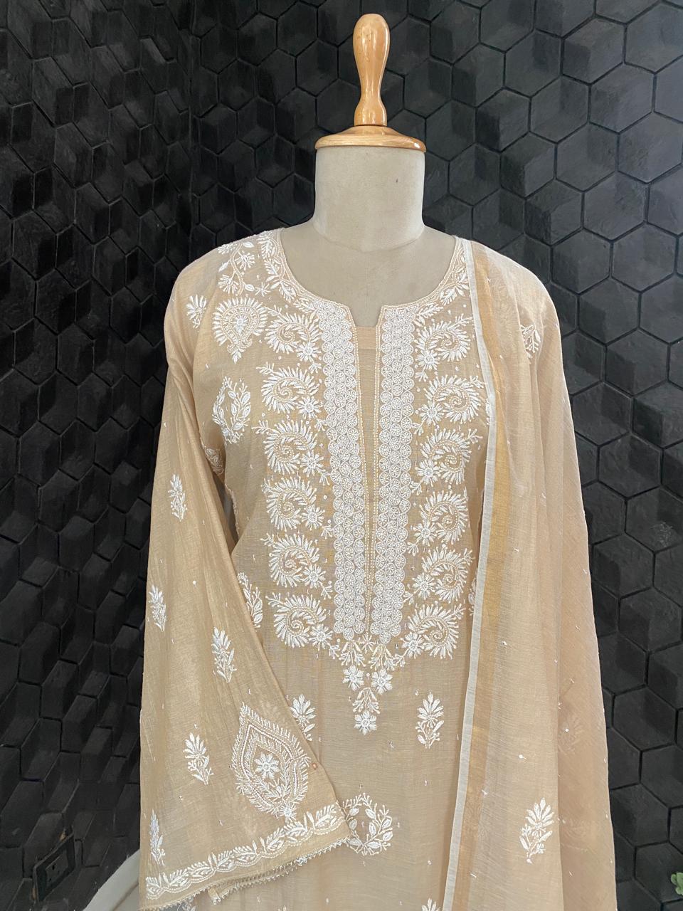 Beige Chikankari Mul Chanderi Kurta Set