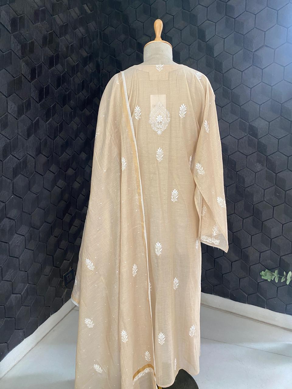 Beige Chikankari Mul Chanderi Kurta Set