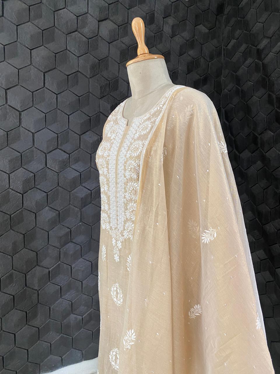 Beige Chikankari Mul Chanderi Kurta Set