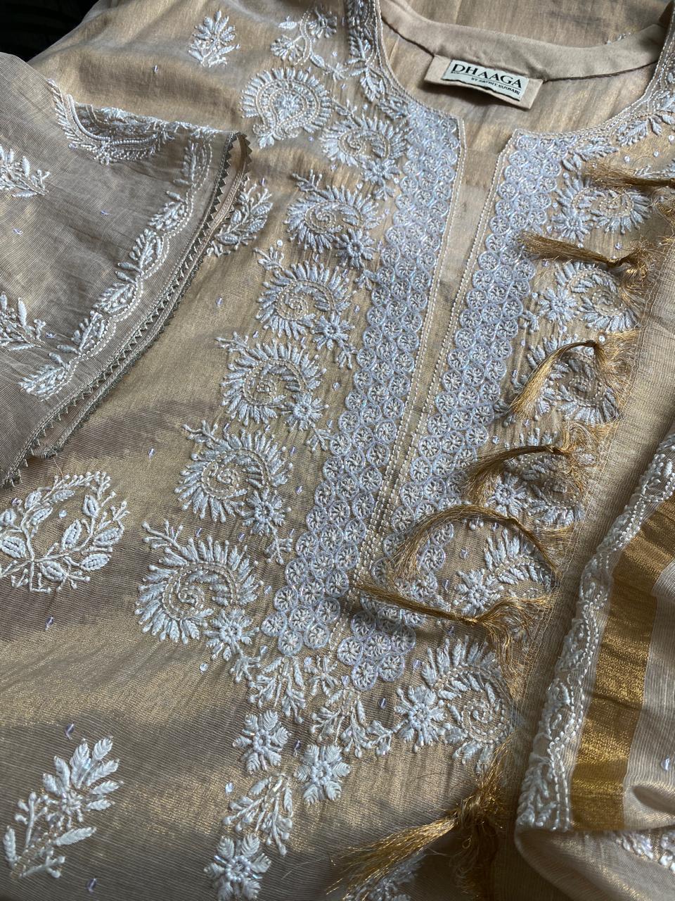 Beige Chikankari Mul Chanderi Kurta Set