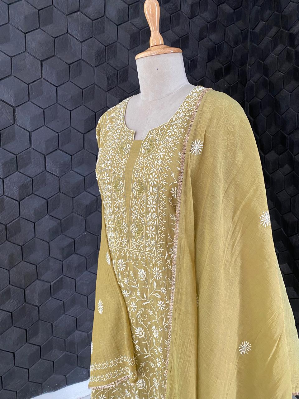 Mustard Golden Tissue Chikankari Kurta Set
