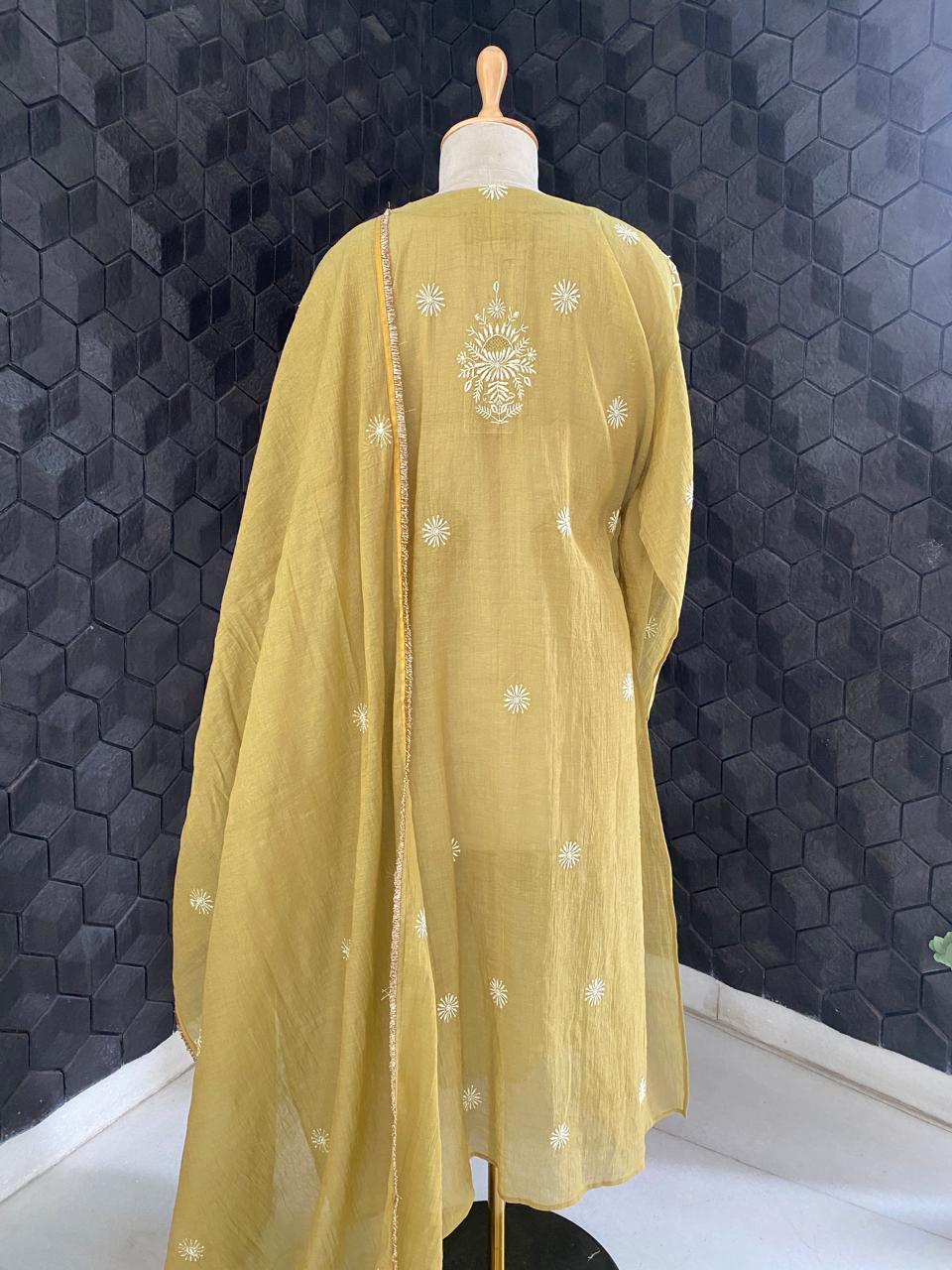 Mustard Golden Tissue Chikankari Kurta Set