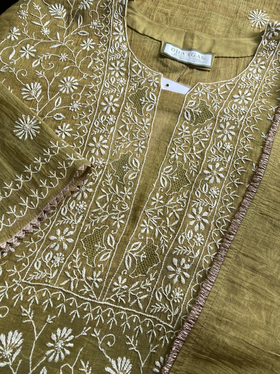 Mustard Golden Tissue Chikankari Kurta Set