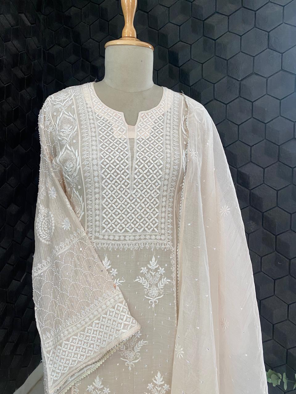 Peach Mul Chanderi Chikankari Kurta Set