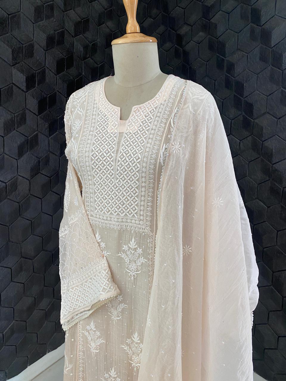 Peach Mul Chanderi Chikankari Kurta Set