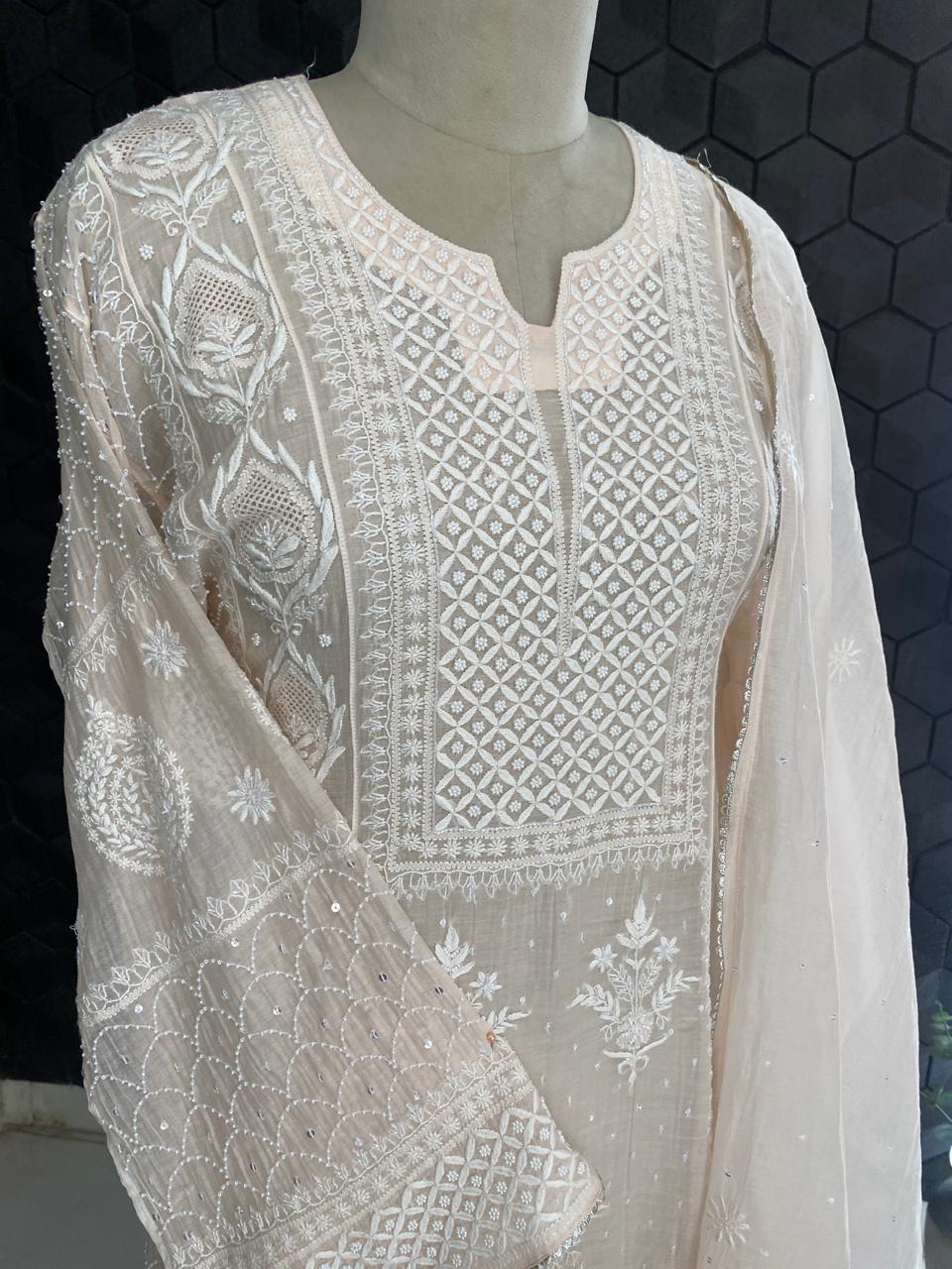 Peach Mul Chanderi Chikankari Kurta Set