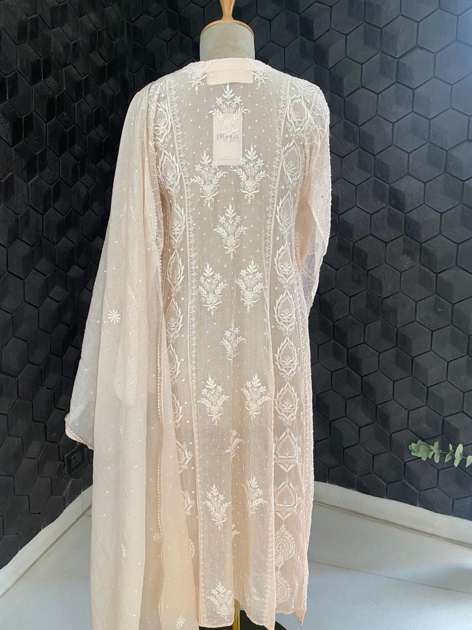 Peach Mul Chanderi Chikankari Kurta Set