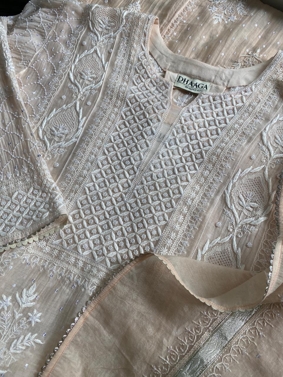 Peach Mul Chanderi Chikankari Kurta Set