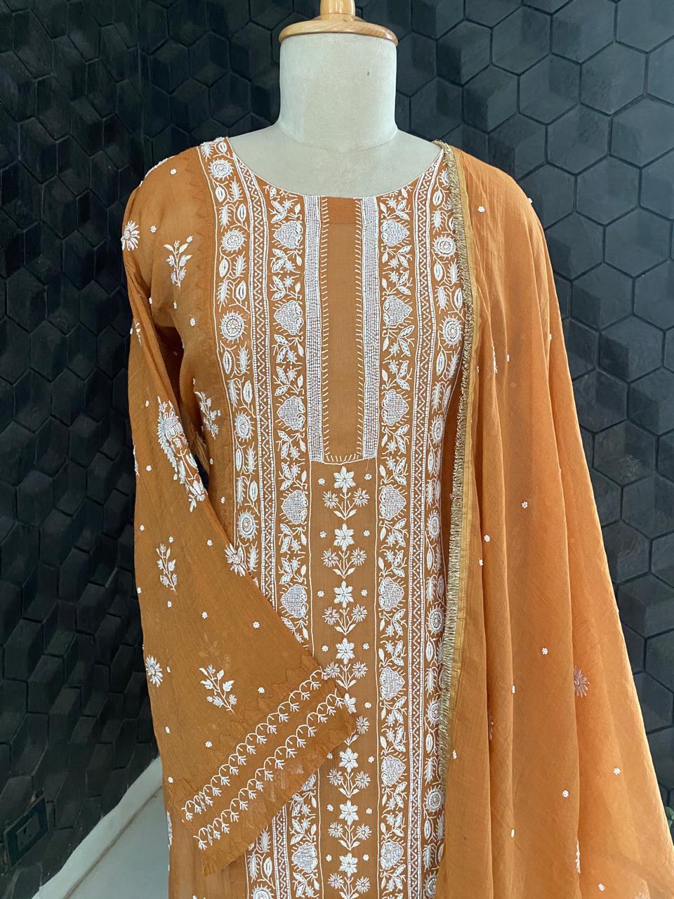 Rust Orange Golden Tissue Embroidered Kurta Set