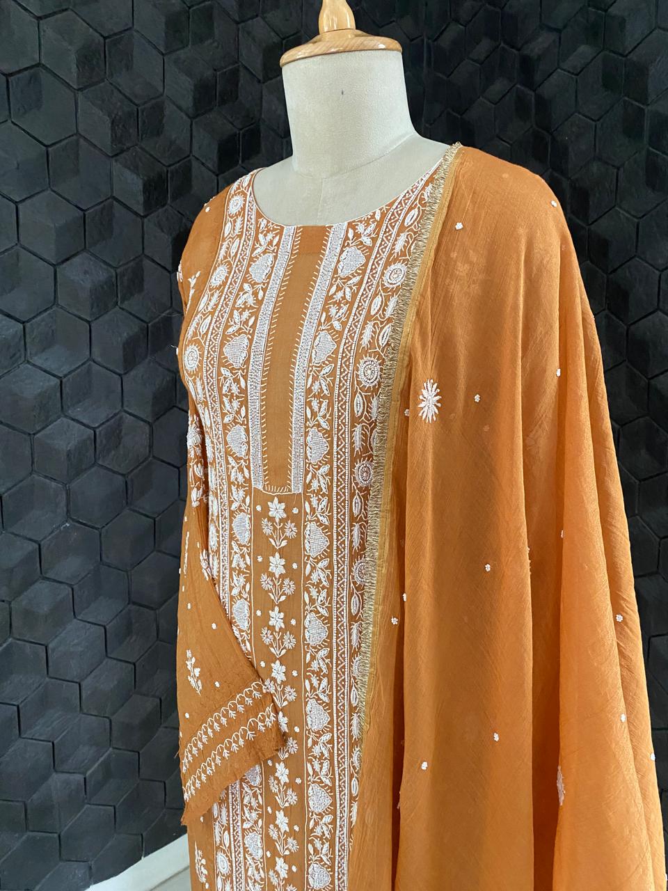 Rust Orange Golden Tissue Embroidered Kurta Set