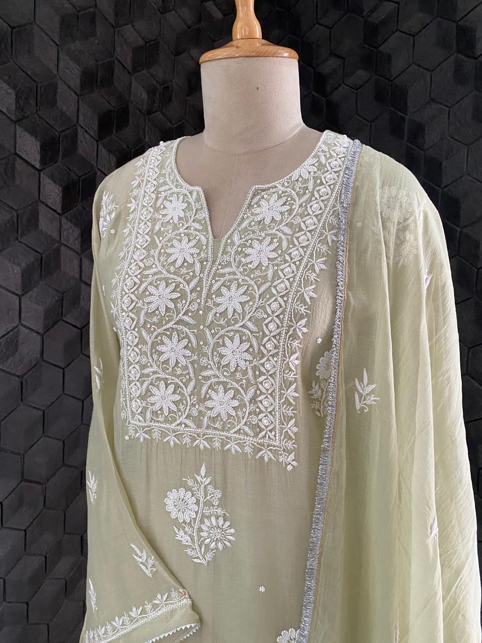 Sage Green Mul Chanderi Embroidered Kurta Set