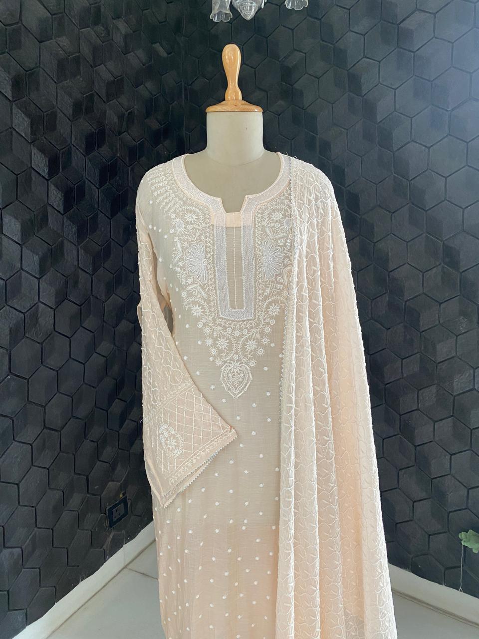 Peach Mul Chanderi Chikankari Embroidered Kurta Set
