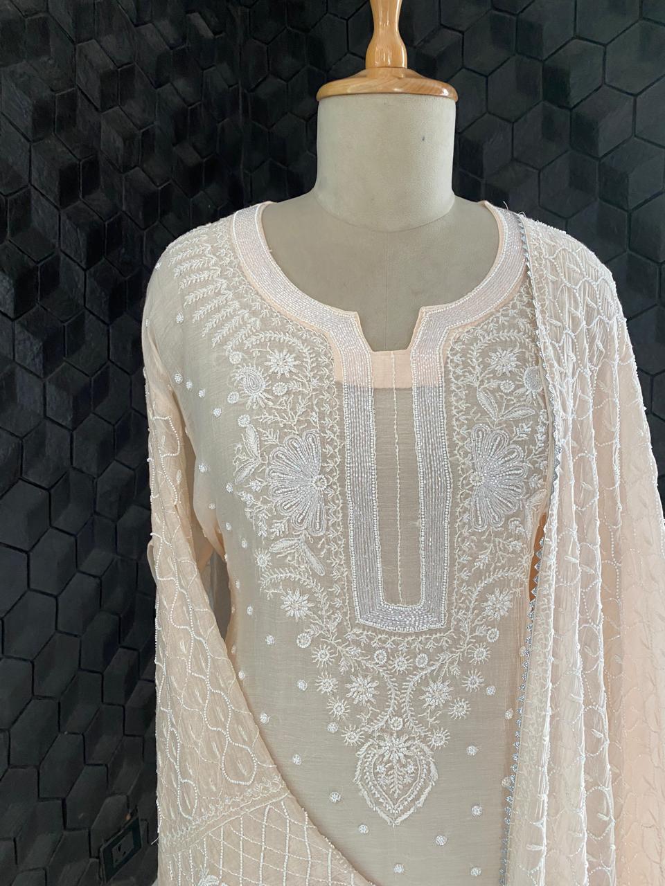 Peach Mul Chanderi Chikankari Embroidered Kurta Set