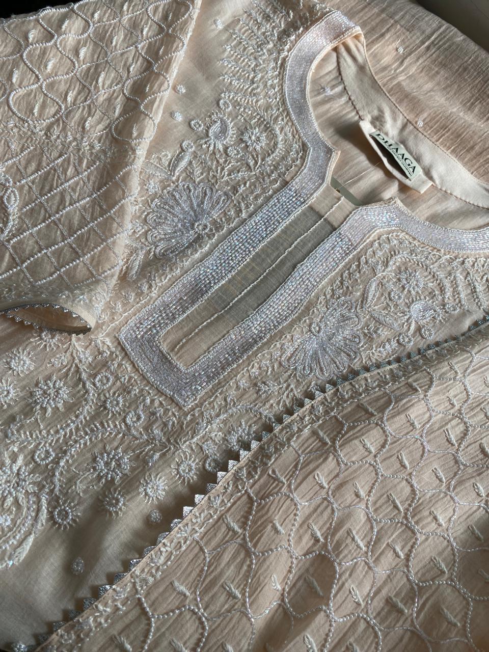 Peach Mul Chanderi Chikankari Embroidered Kurta Set