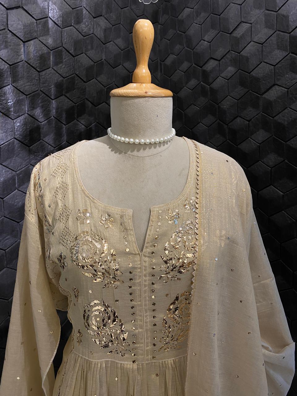 Beige Tissue Mukaish Kurta Set