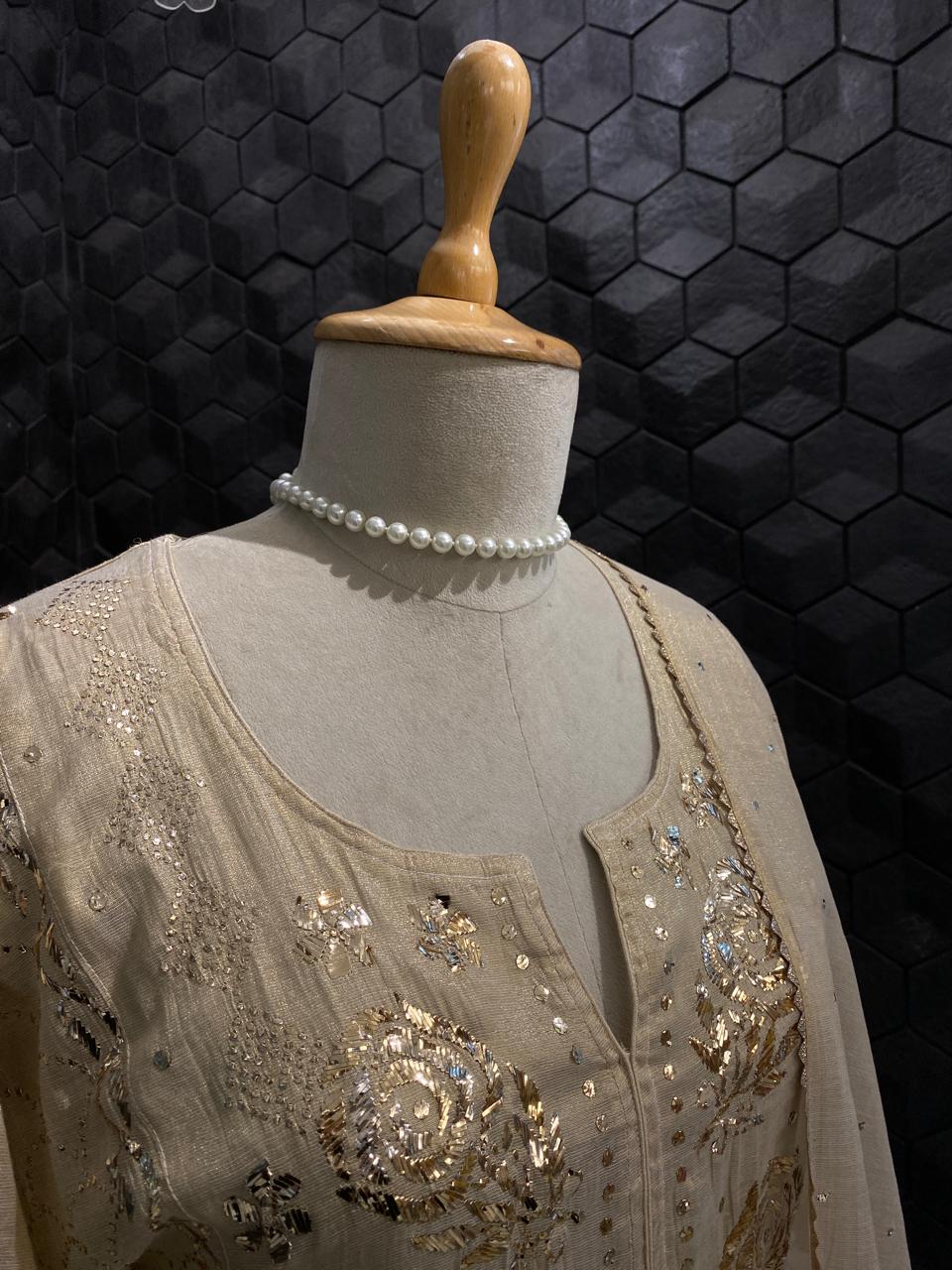 Beige Tissue Mukaish Kurta Set