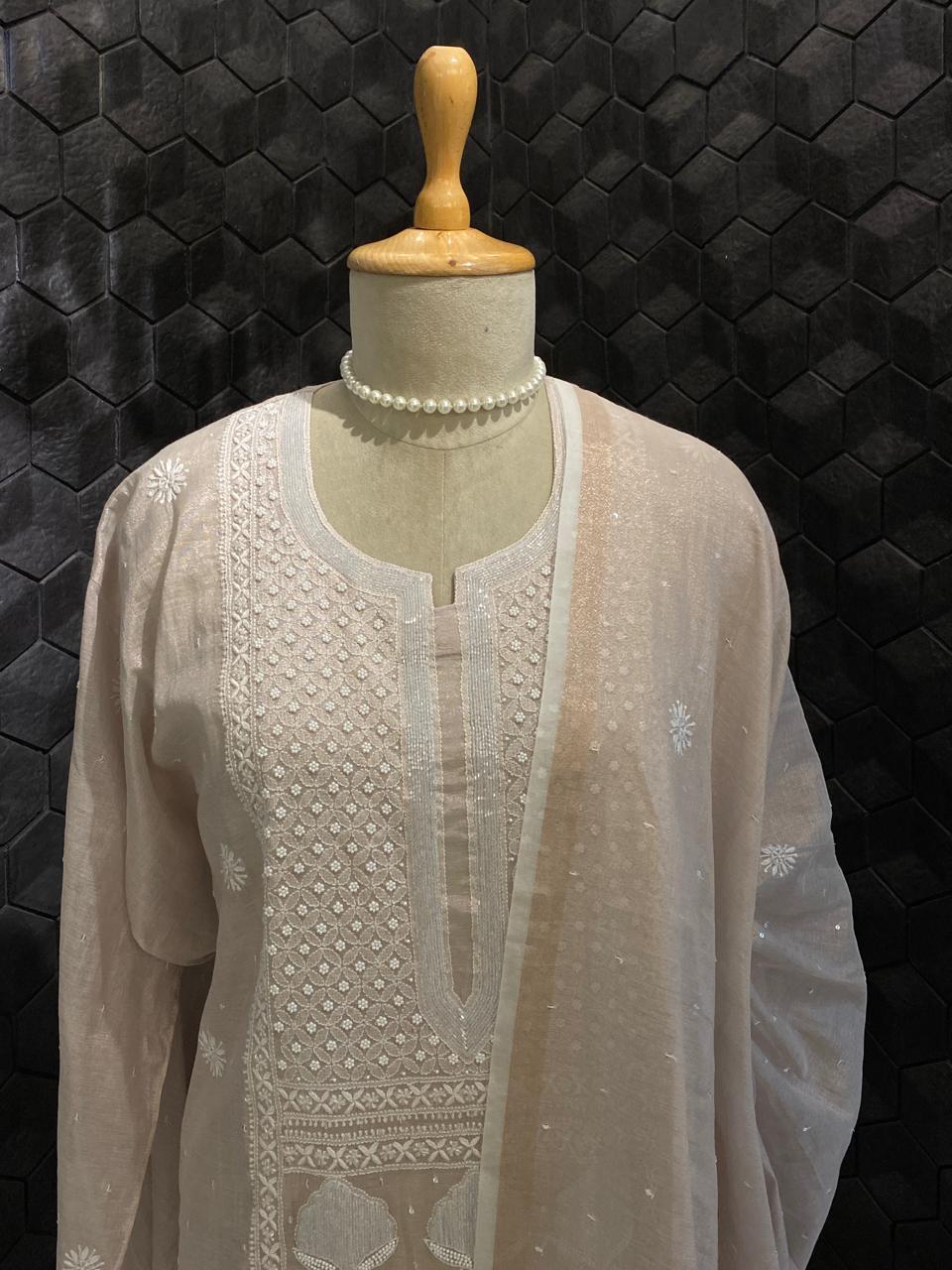 Peach Silver Tissue Embroidered Kurta Set