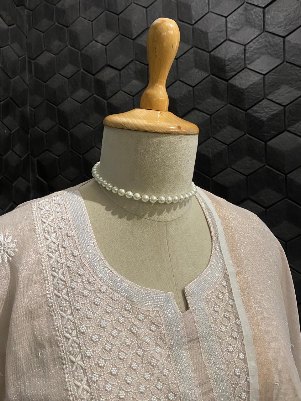 Peach Silver Tissue Embroidered Kurta Set