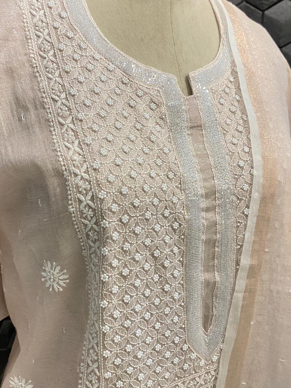 Peach Silver Tissue Embroidered Kurta Set