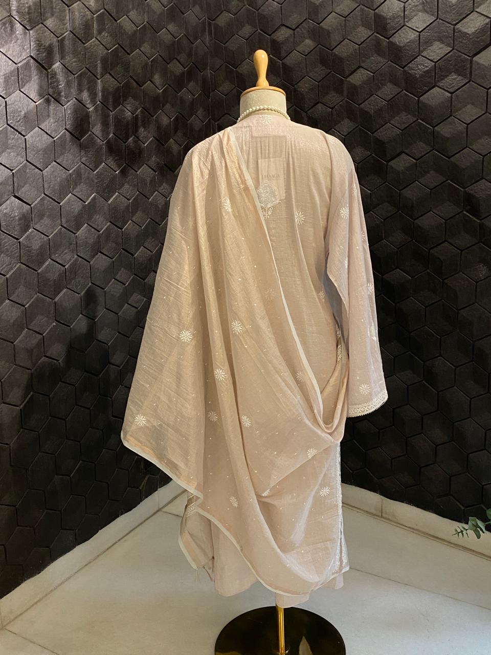 Peach Silver Tissue Embroidered Kurta Set