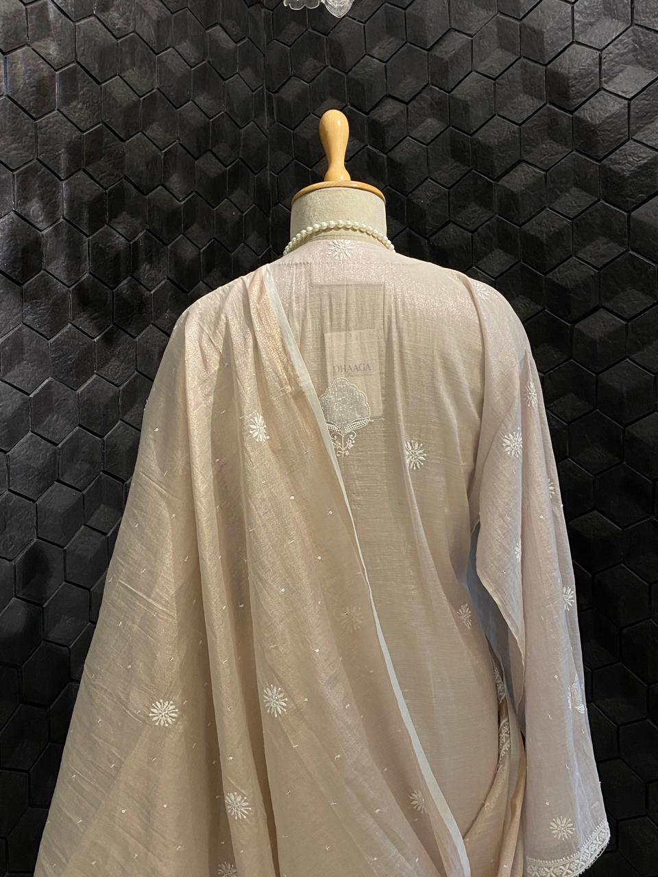 Peach Silver Tissue Embroidered Kurta Set