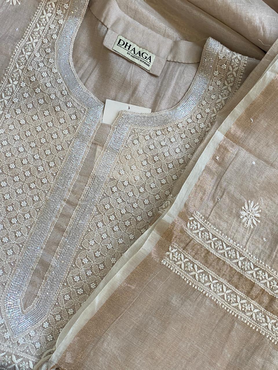 Peach Silver Tissue Embroidered Kurta Set