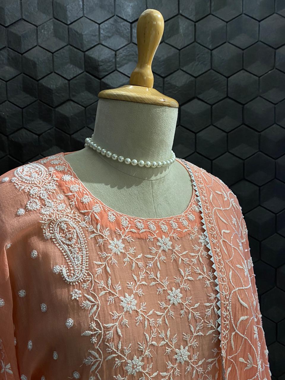 Coral Pink Mul Chanderi Embroidered Kurta Set