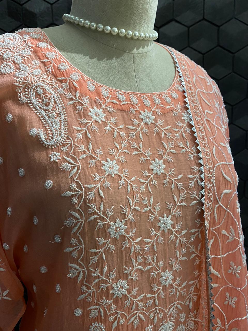 Coral Pink Mul Chanderi Embroidered Kurta Set