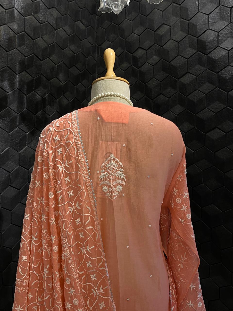 Coral Pink Mul Chanderi Embroidered Kurta Set