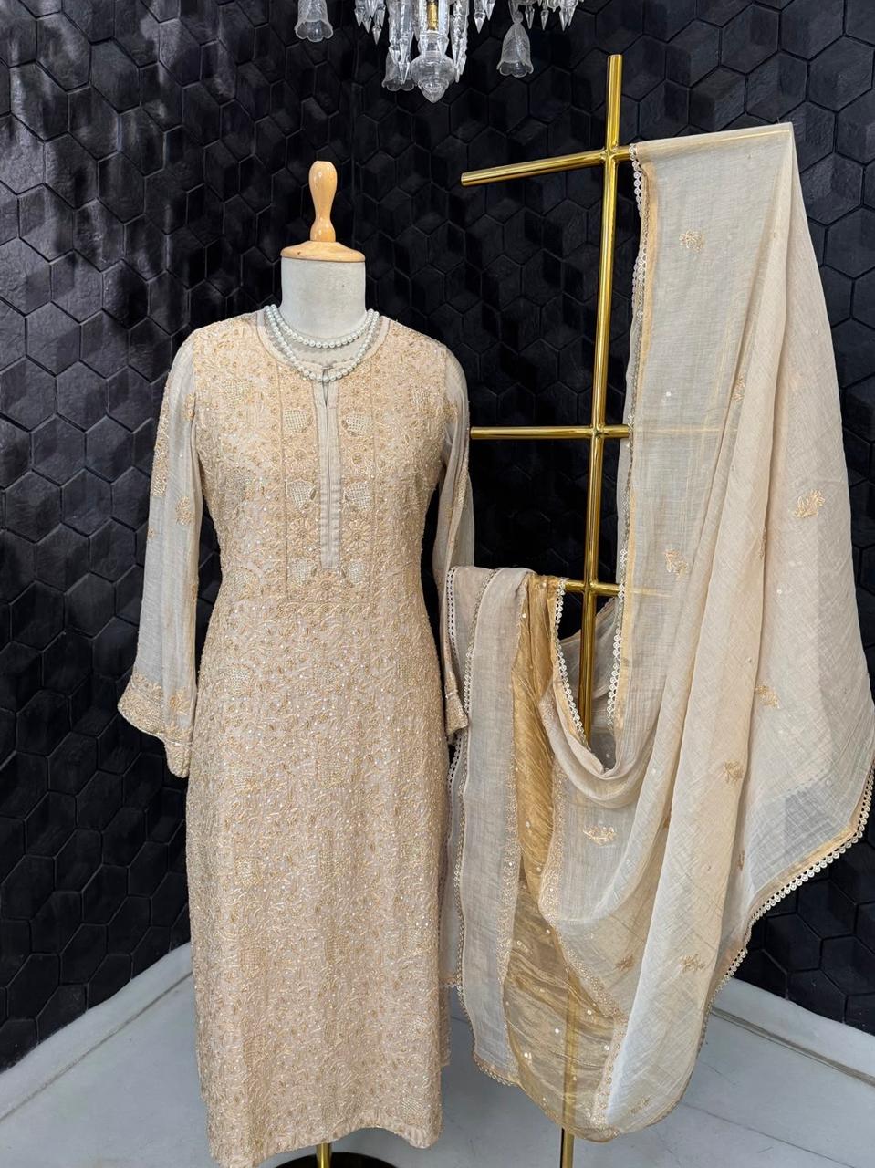 Beige Tissue Kasab Chikankari Kurta Set
