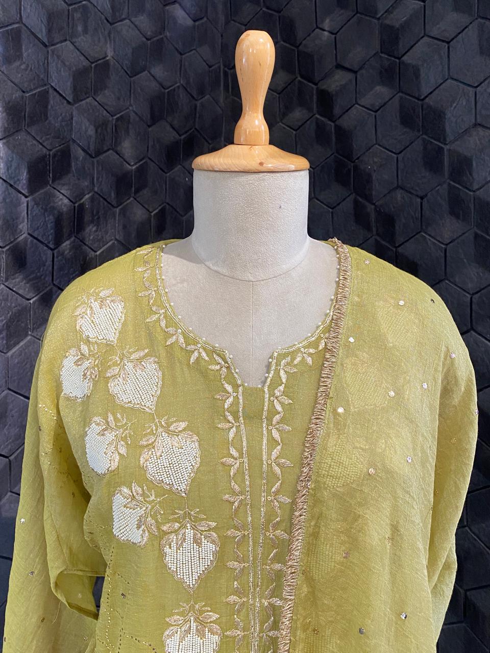 Olive Green Tissue Mukaish Kurta Set