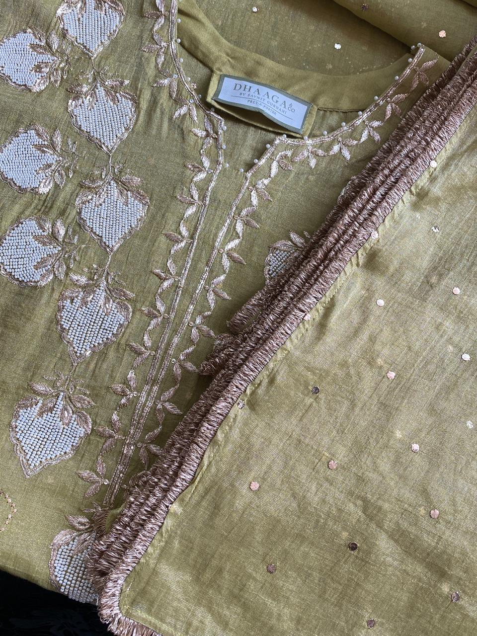 Olive Green Tissue Mukaish Kurta Set