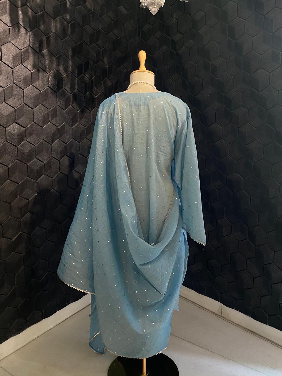 Sky Blue Tissue Mukaish Kurta Set