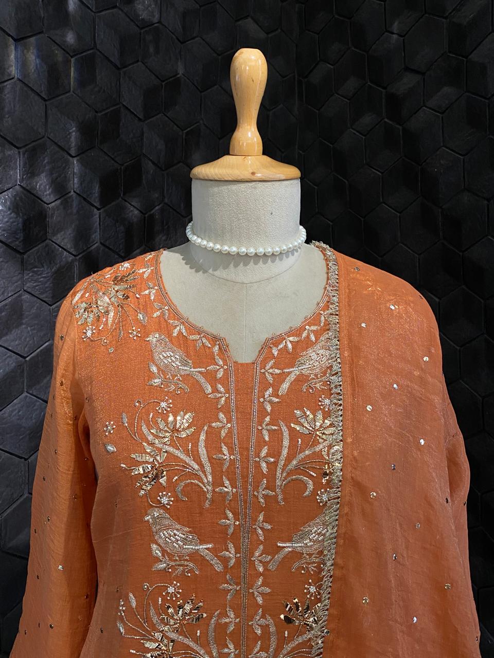 Rust Orange Tissue Mukaish Kurta Set