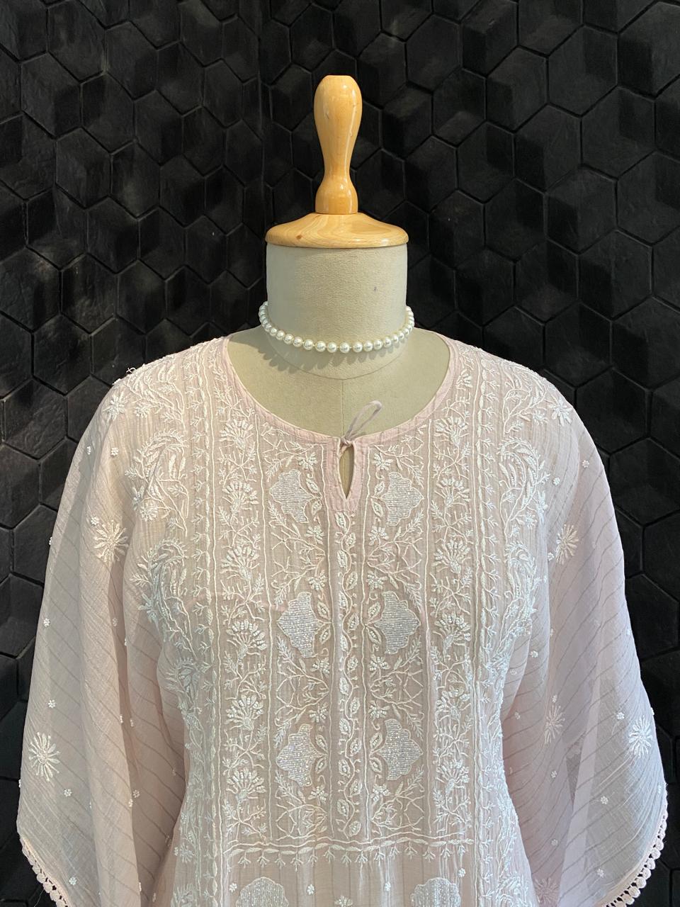 Blush Pink Mul Chanderi Chikankari Kaftan