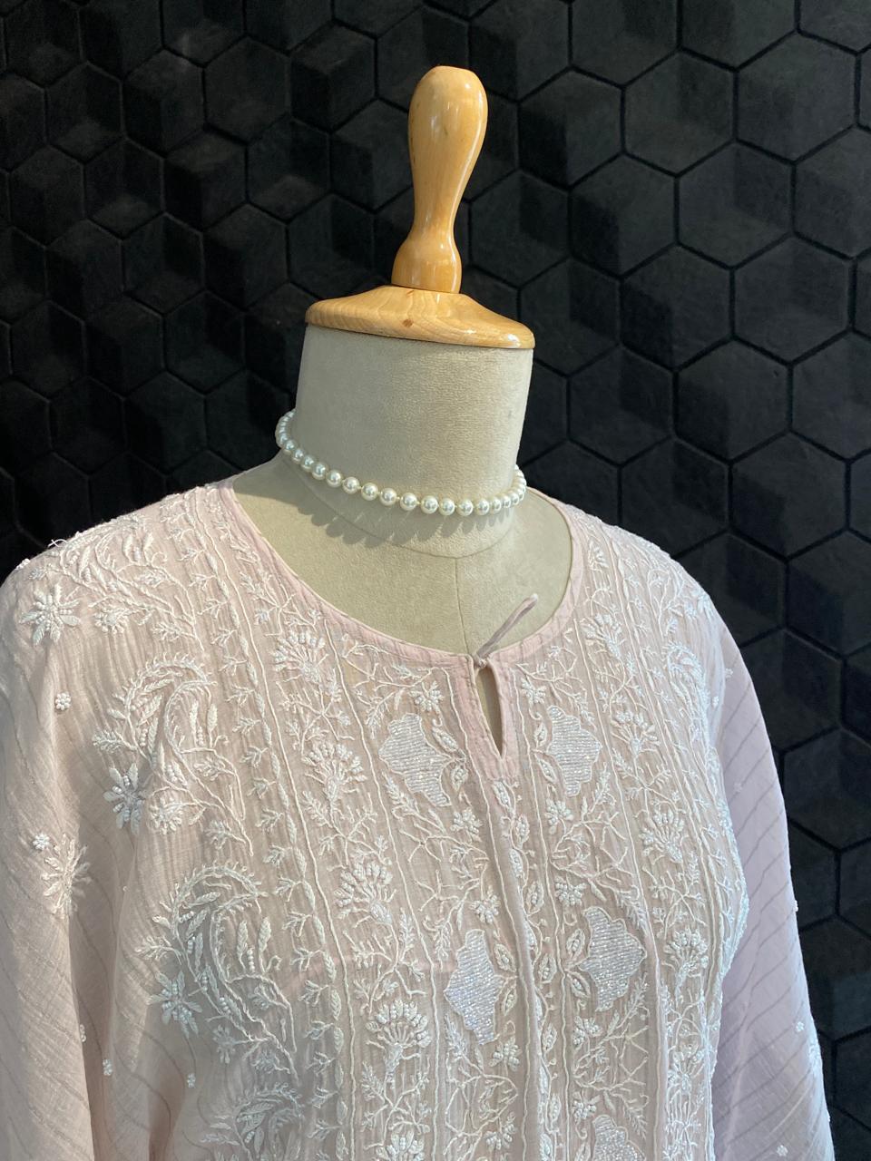 Blush Pink Mul Chanderi Chikankari Kaftan