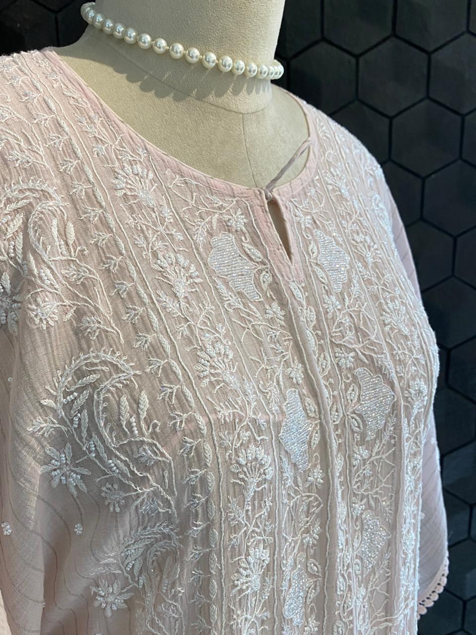 Blush Pink Mul Chanderi Chikankari Kaftan