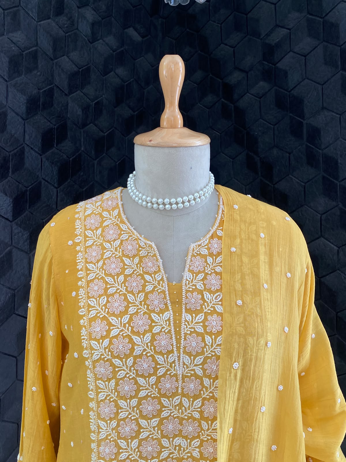 Mustard Mul Chanderi Chikankari Kurta Set