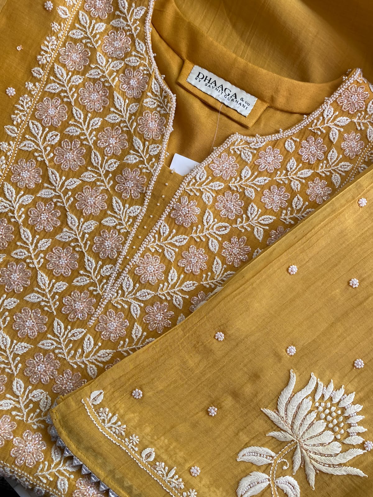 Mustard Mul Chanderi Chikankari Kurta Set